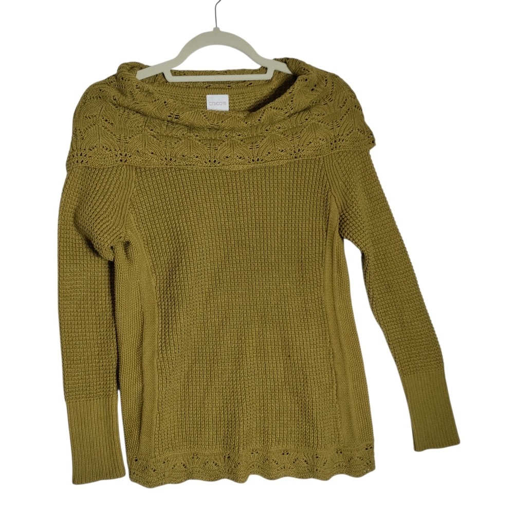 Chico's Women's Mustard  Textured Lace Cowl Neck Pullover Sweater Size 0 US Smal